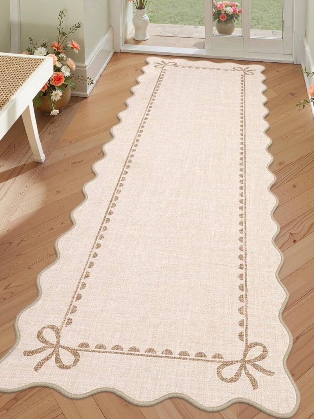 Scalloped Hallway Runner Rug 2x6 Non Slip Bedroom Rugs, Beige